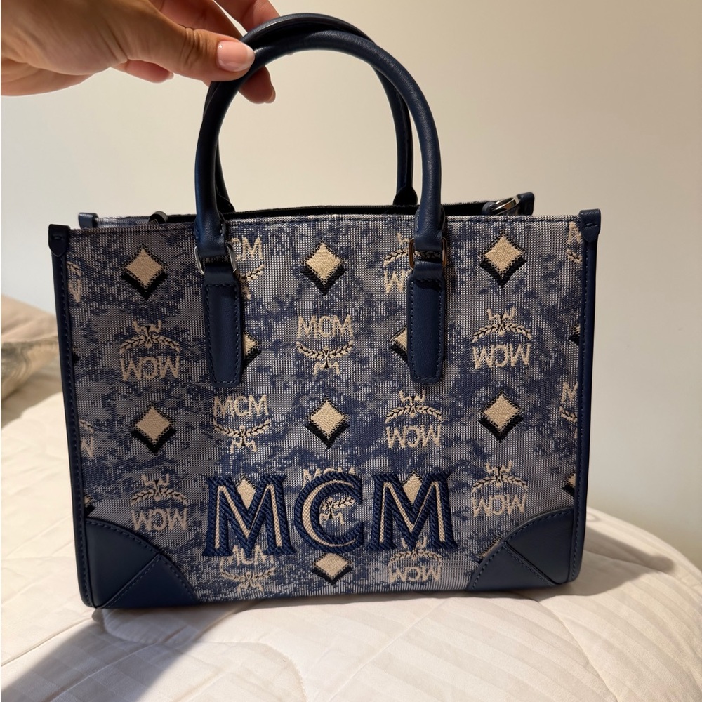 MCM Blue Jacquard Logo Satchel